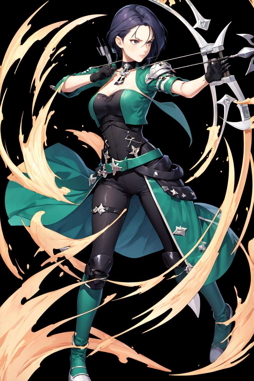 masterpiece, best quality, defShamir, collar, shoulder pad, black shirt, black gloves, bodice, green jacket, green belt, black pants, green boots, whole body, black background, simple background, FEH, standing, furrowed brow, serious, BowAiming, bow \(weapon\), aiming <lora:shamir-nvwls-v3-2-000012:0.7>  <lora:FEH_Concept_v2:1> <lora:UnlimitedBladeWorksV1:0.7>