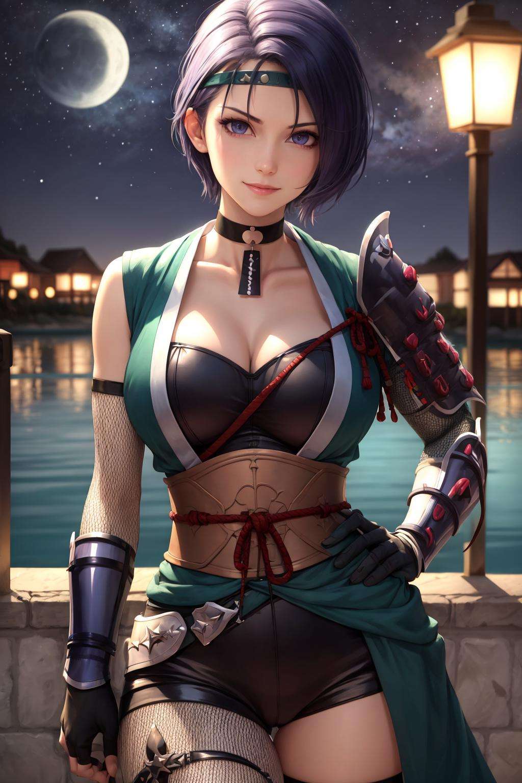 masterpiece, best quality, ninShamir, headband, armor, choker, japanese clothes, sash, fingerless gloves, black shorts, fishnets, black thighhigh, upper body, large breasts, looking at viewer, furrowed brow, smile, night, stars, night sky <lora:shamir-nvwls-v3-2-000012:0.9>