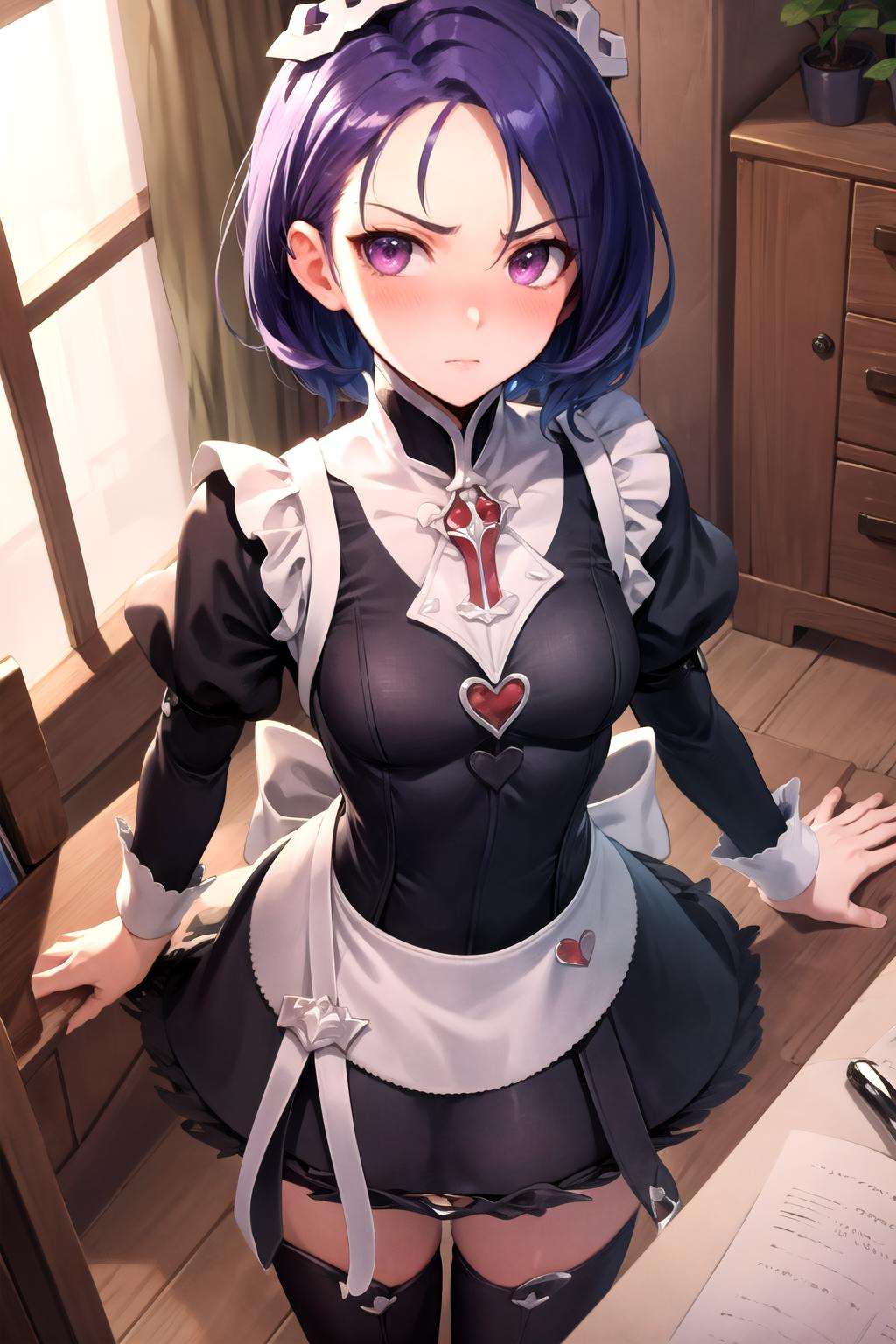 masterpiece, best quality, defShamir, fates maid, blushing, furrowed brow, serious, looking at viewer, from above, bedroom <lora:shamir-nvwls-v3-2-000012:0.7> <lora:FEFatesMaid_v1:1>