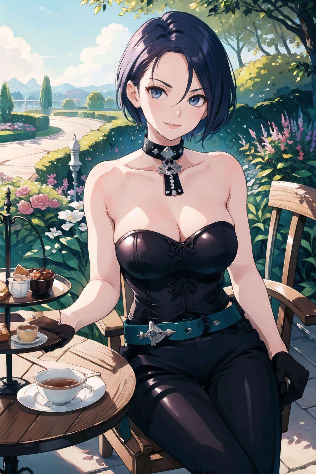 masterpiece, best quality, defShamir, collar, black shirt, black gloves, bodice, bare shoulders, strapless, green belt, black pants, cowboy shot, large breasts, sitting, garden, tea party, chair, table, looking at viewer, furrowed brow, smile, pov <lora:shamir-nvwls-v3-2-000012:0.8>