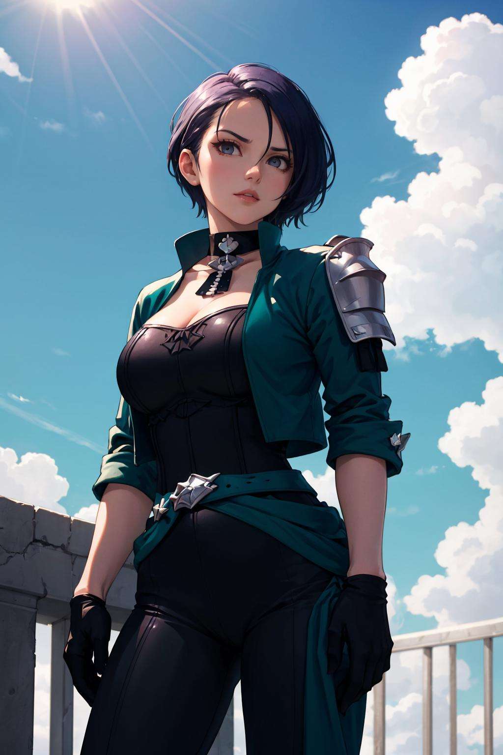 masterpiece, best quality, defShamir, collar, shoulder pad, black shirt, black gloves, bodice, green jacket, green belt, black pants, cowboy shot, large breasts, standing, looking at viewer, serious, from below, looking down, sky, clouds <lora:shamir-nvwls-v3-2-000012:0.9>