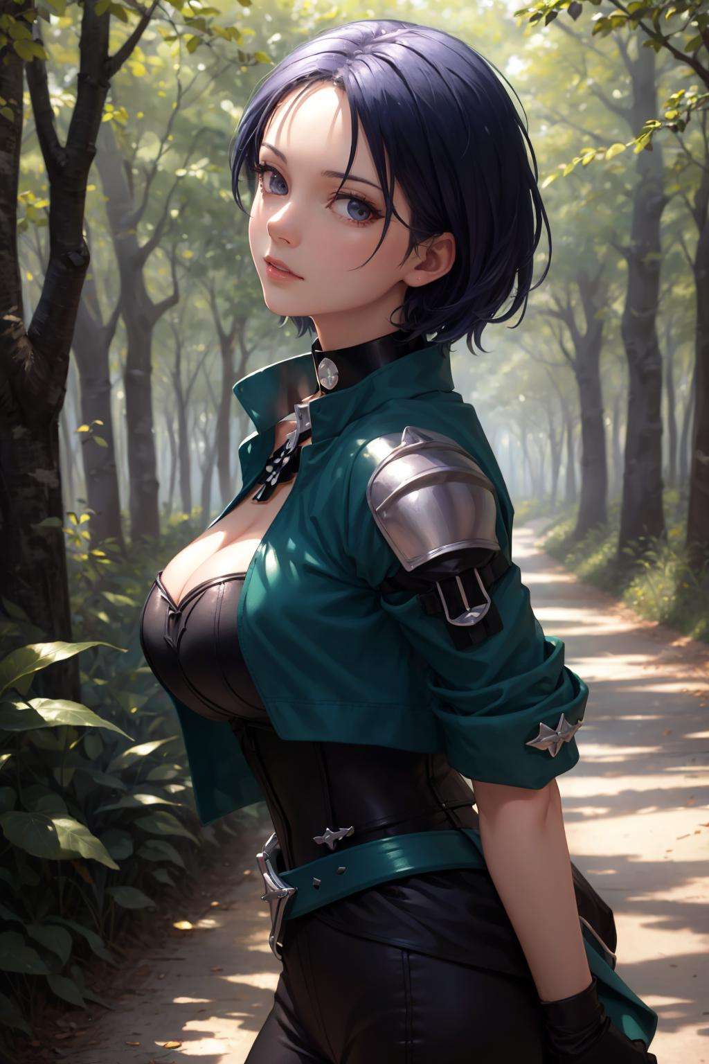 masterpiece, best quality, defShamir, collar, shoulder pad, black shirt, black gloves, bodice, green jacket, green belt, black pants, upper body, looking at viewer, serious, large breasts, forest, from side, trail <lora:shamir-nvwls-v3-2-000012:0.9>