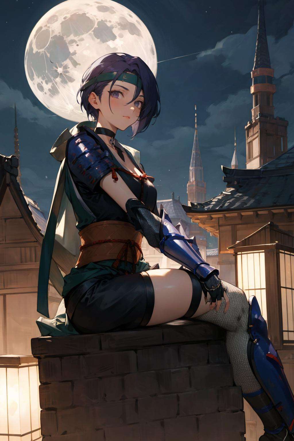 masterpiece, best quality, ninShamir, headband, armor, choker, japanese clothes, sash, fingerless gloves, black shorts, fishnets, black thighhigh, sandals, night, rooftop, medieval architecture, moon, sitting, from side, looking at viewer <lora:shamir-nvwls-v3-2-000012:0.9>