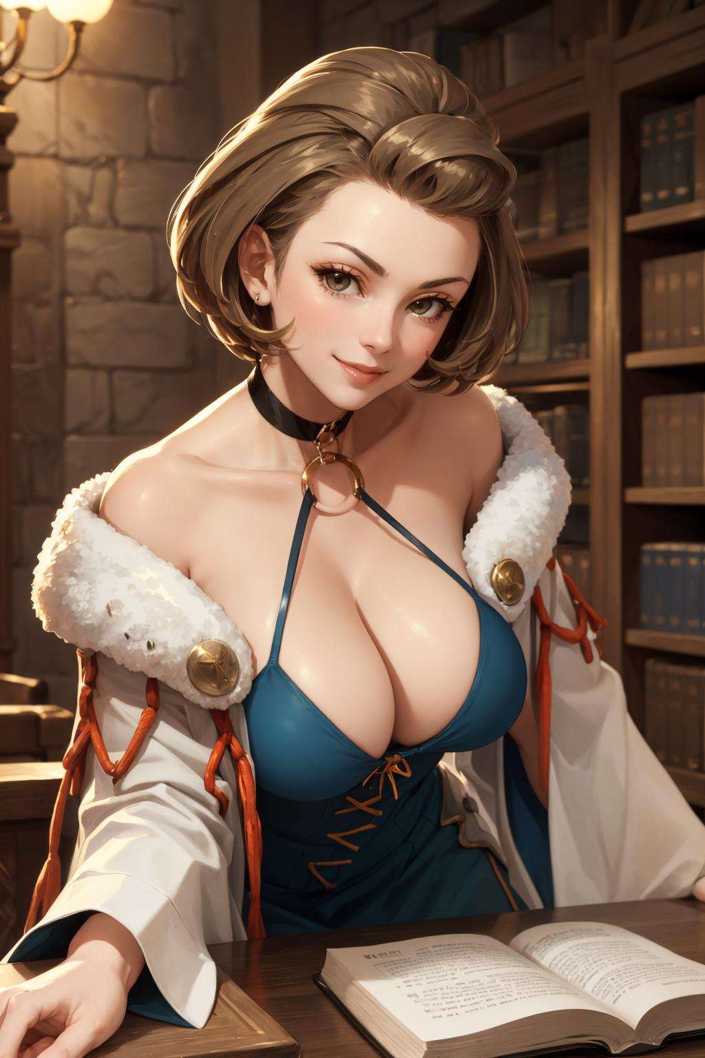 masterpiece, best quality, defManuela, choker, fur trim, white robe, o-ring dress, upper body, looking at viewer, library, large breasts, smile, seductive, smug, leaning forward, shiny skin <lora:manuela-nvwls-v2-2-000010:0.9>