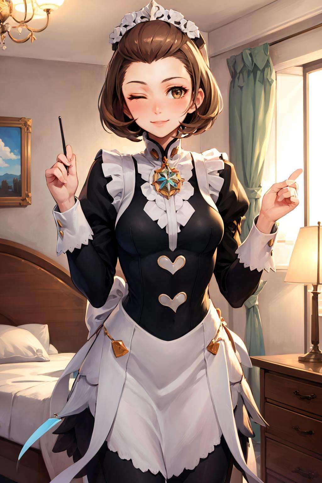 masterpiece, best quality, defManuela, fates maid, standing, mansion, bedroom, looking at viewer, one eye closed, one eye open, smile <lora:manuela-nvwls-v2-2-000010:0.7> <lora:FEFatesMaid_v1:1>