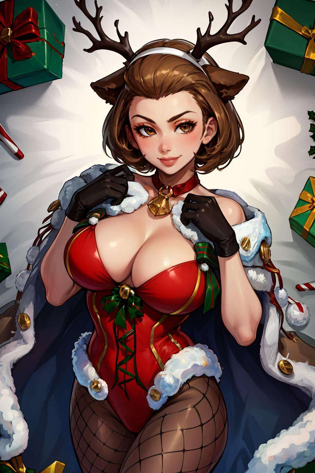 masterpiece, best quality, xmasManuela, christmas, ribbon, red collar, fake antlers, fake animal ears, cape, fur trim, red leotard, brown gloves, fishnets, cowboy shot, from above, looking at viewer, smile, large breasts<lora:manuela-nvwls-v2-2-000010:0.9>