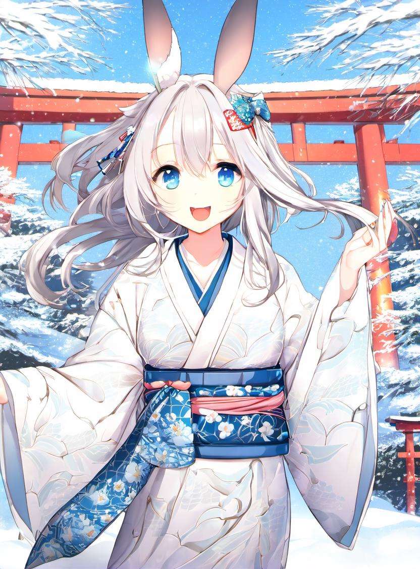 1girl, solo, animal ears, japanese clothes, kimono, blue eyes, long hair, rabbit ears, sash, white hair, upper teeth only, bangs, looking at viewer, smile, holding, open mouth, hair ornament, obi, blue nails, teeth, wide sleeves, torii, very long hair, white kimono, outdoors, :d, long sleeves, animal ear fluff, rabbit, rabbit girl, print kimono, snow bunny, day, nail polish, standing, snow, hair between eyes, hands up, scarf, furisode, blush, shawl