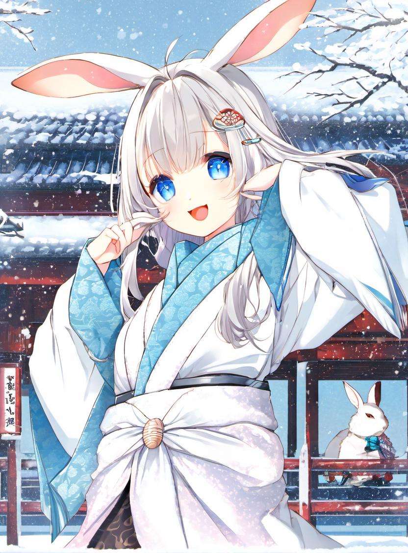 1girl, solo, animal ears, japanese clothes, kimono, blue eyes, long hair, rabbit ears, sash, white hair, upper teeth only, bangs, looking at viewer, smile, holding, open mouth, hair ornament, obi, blue nails, teeth, wide sleeves, torii, very long hair, white kimono, outdoors, :d, long sleeves, animal ear fluff, rabbit, rabbit girl, print kimono, snow bunny, day, nail polish, standing, snow, hair between eyes, hands up, scarf, furisode, blush, shawl