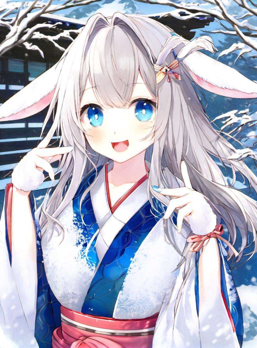 1girl, solo, animal ears, japanese clothes, kimono, blue eyes, long hair, rabbit ears, sash, white hair, upper teeth only, bangs, looking at viewer, smile, holding, open mouth, hair ornament, obi, blue nails, teeth, wide sleeves, torii, very long hair, white kimono, outdoors, :d, long sleeves, animal ear fluff, rabbit, rabbit girl, print kimono, snow bunny, day, nail polish, standing, snow, hair between eyes, hands up, scarf, furisode, blush, shawl