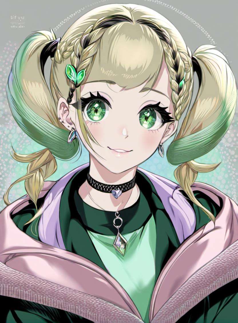 bifengyu, 1girl, solo, jewelry, ring, looking at viewer, blonde hair, black nails, green eyes, twintails, blush, jacket, braid, hair ornament, smile, nail polish, earrings, upper body, choker, multicolored hair, black jacket, bangs, shirt