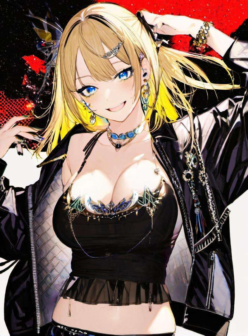 kayahara, 1girl, solo, blue eyes, jacket, smile, hair ornament, looking at viewer, breasts, bare shoulders, bangs, hairclip, off shoulder, sleeveless, skirt, black jacket, hand on hip, open jacket, cowboy shot, v, nail polish, open clothes, blonde hair, blue nails, grin, black skirt, long sleeves, yellow nails, jewelry