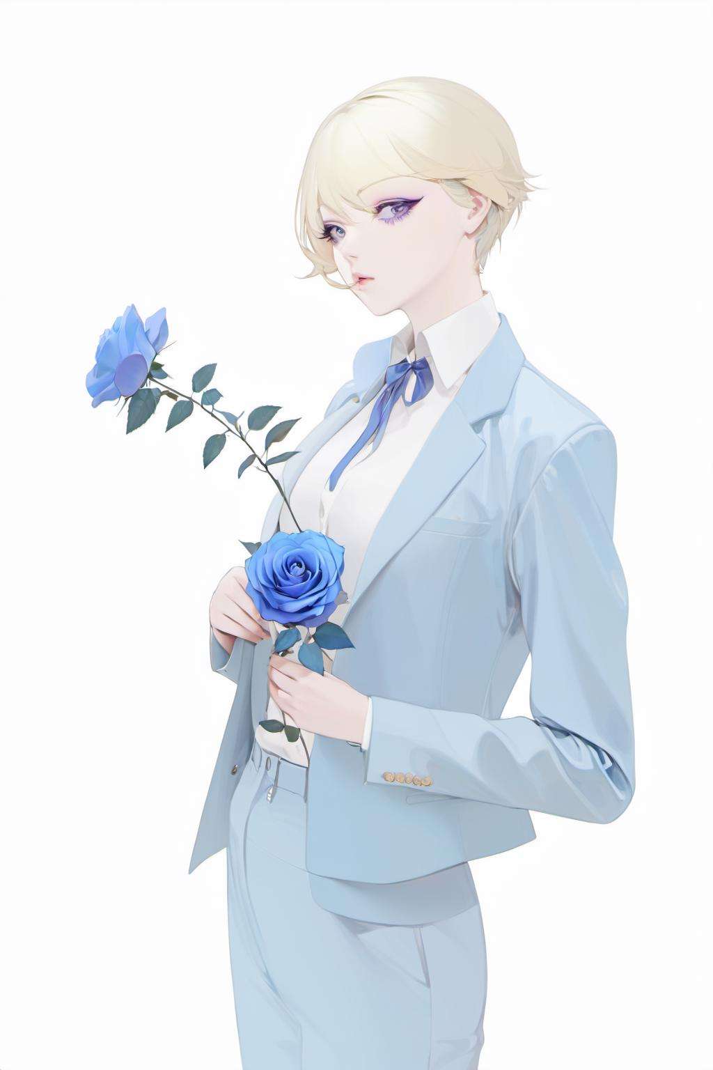 ohisashiburi, 1girl, blue flower, solo, blue rose, flower, rose, pants, short hair, holding, jacket, white background, holding flower, shirt, purple eyes, vest, long sleeves, formal, simple background, blonde hair, white shirt, closed mouth, cowboy shot, blue eyes, open clothes, blue pants, suit