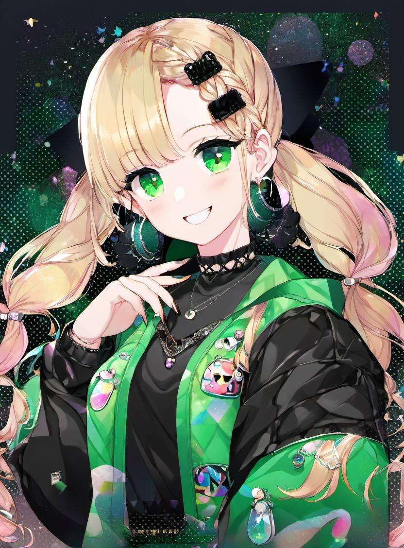 1girl, solo, jewelry, ring, looking at viewer, blonde hair, black nails, green eyes, twintails, blush, jacket, braid, hair ornament, smile, nail polish, earrings, upper body, choker, multicolored hair, black jacket, bangs, shirt