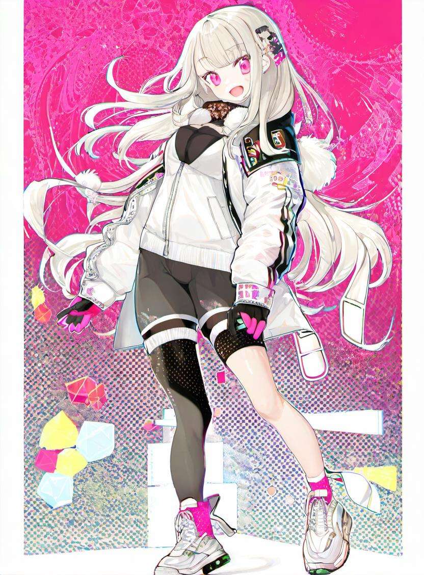 1girl, solo, long hair, thighhighs, breasts, open mouth, pink eyes, white footwear, hair ornament, shoes, sneakers, full body, smile, jacket, gloves, looking at viewer, single thighhigh, standing