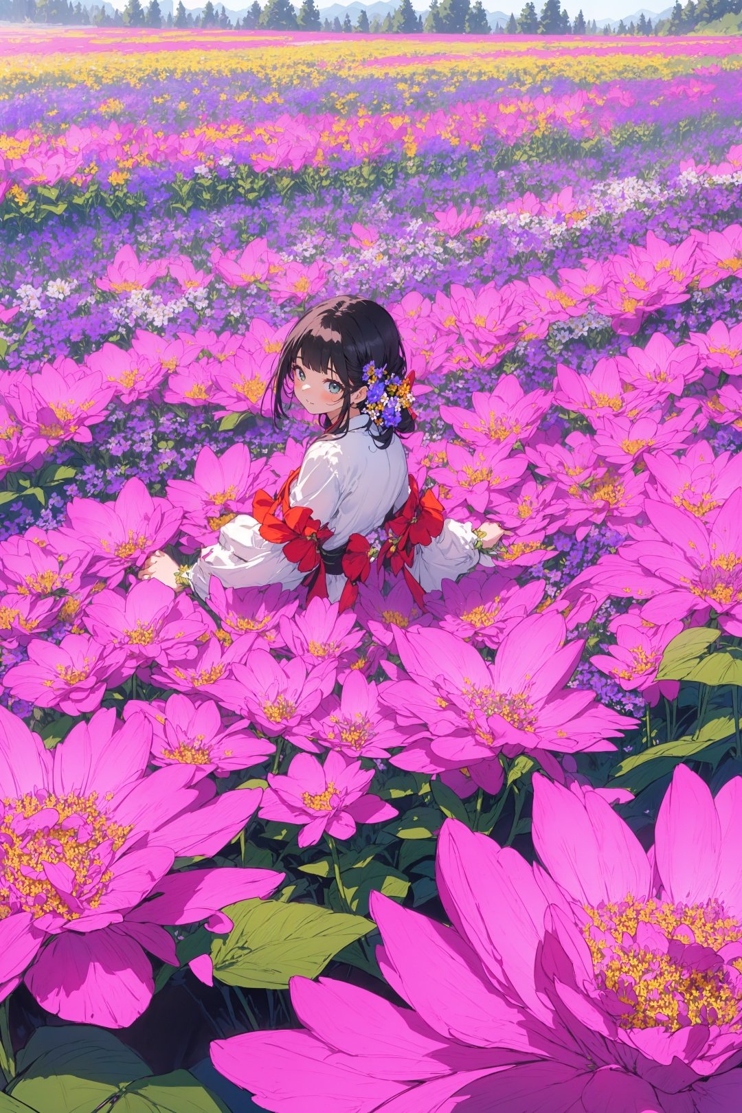 absurdres, highres, ultra detailed, (girl:1.3), BREAK(, Design a flower field setting, with blooming flowers, vivid colors, and a sense of growth and renewal.:1.6)