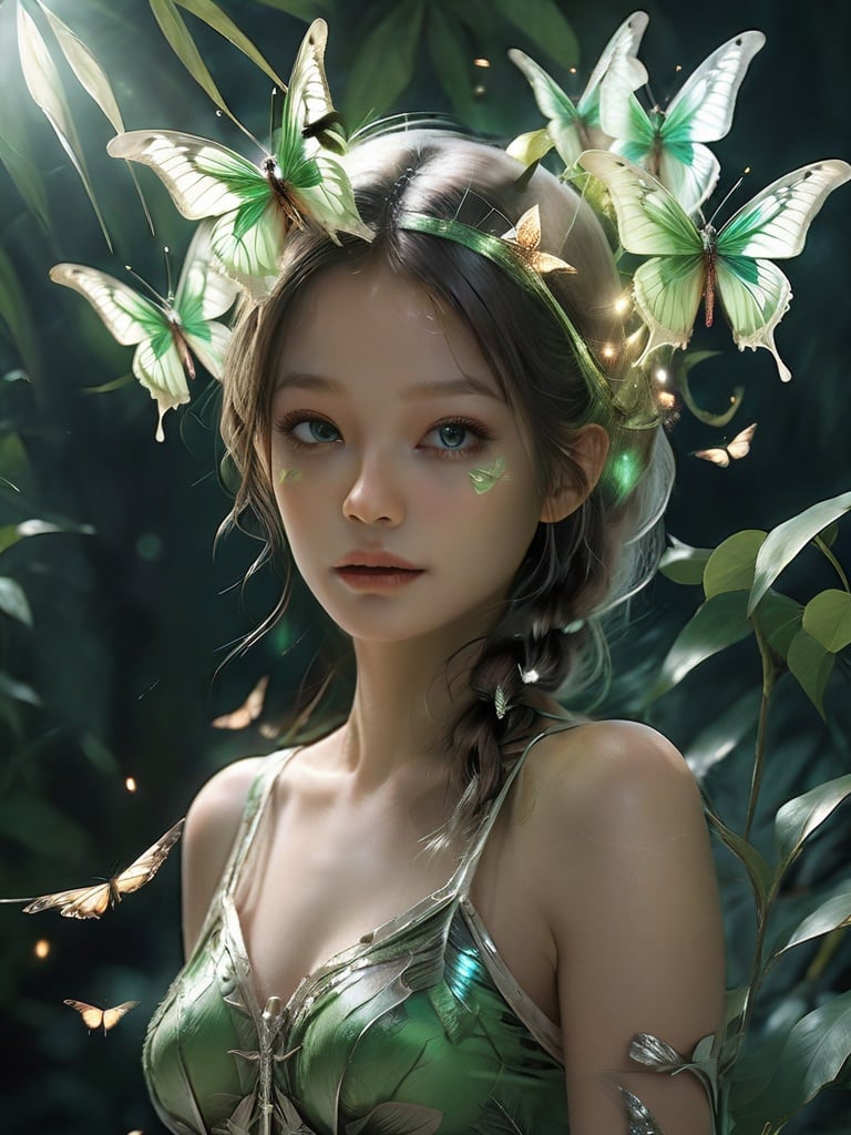 Masterpiece, ultra high resolution, artwork, magnificent contrast, fantasy, fantasy, atmosphere, girl, exquisite details, clear patterns, clear visuals, clarity, sophistication, realism, green themes, flying butterflies