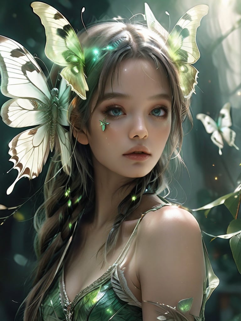 Masterpiece, ultra high resolution, artwork, magnificent contrast, fantasy, fantasy, atmosphere, girl, exquisite details, clear patterns, clear visuals, clarity, sophistication, realism, green themes, flying butterflies