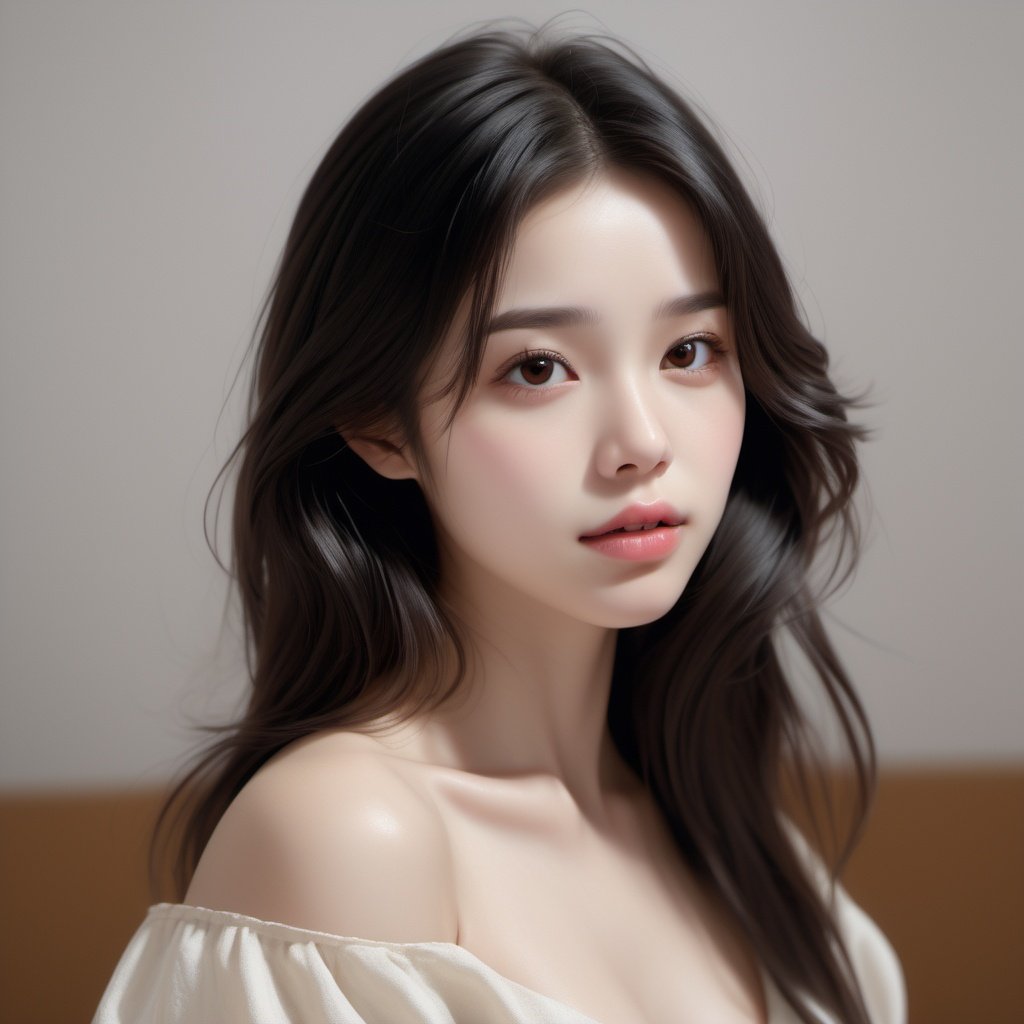 Best quality, masterpiece, ultra high res, (photorealistic:1.4), raw photo,1girl, solo, realistic, lips, black hair, looking at viewer, black eyes, teeth, long hair, hair over one eye, parted lips, nose, close-up, brown hair, simple background, brown eyes, black dress, off shoulder