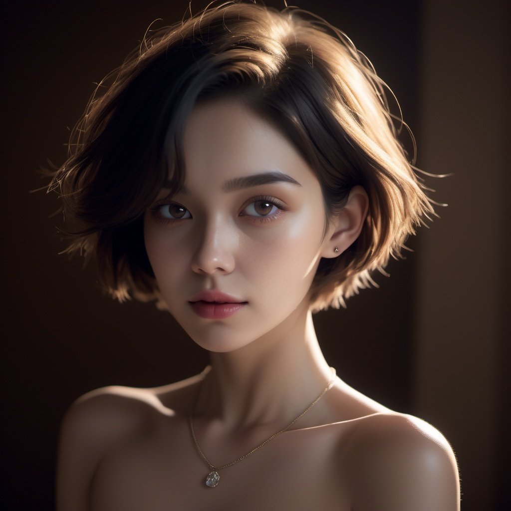 fashion photography portrait of 1girl, offshoulder, fluffy short hair, soft light, rim light, beautiful shadow, low key, (photorealistic, raw photo:1.2), (natural skin texture, realistic eye and face details), hyperrealism, ultra high res, 4K, Best quality, masterpiece, necklace, (cleavage:0.8), in the dark