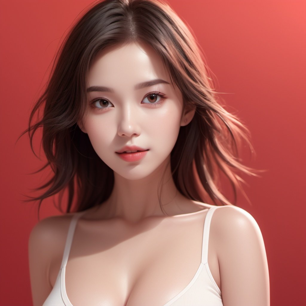 simple_background, red_background, 1girl, beautiful woman, beautiful face, perfect face, portrait, upper body, large breast, low-cut, sext, realistic, 
