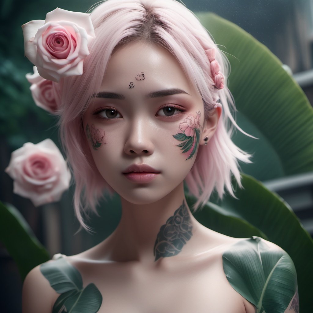 1girl,(Banana leaf:1.3),(white rose tattoo:1.3),silk,(in smoke:1.1),(upper body:1.2),((nipples:0.55)),(1 Chinese patterns in the middle of the girl's forehead),epic cinematic, soft nature lights, rim light, absurd, amazing, funny, itricate, hyper detailed, ultra realistic, soft colors,pink flowers, , ,(sad,disappointed,crying,frown,tears:1.1), 
