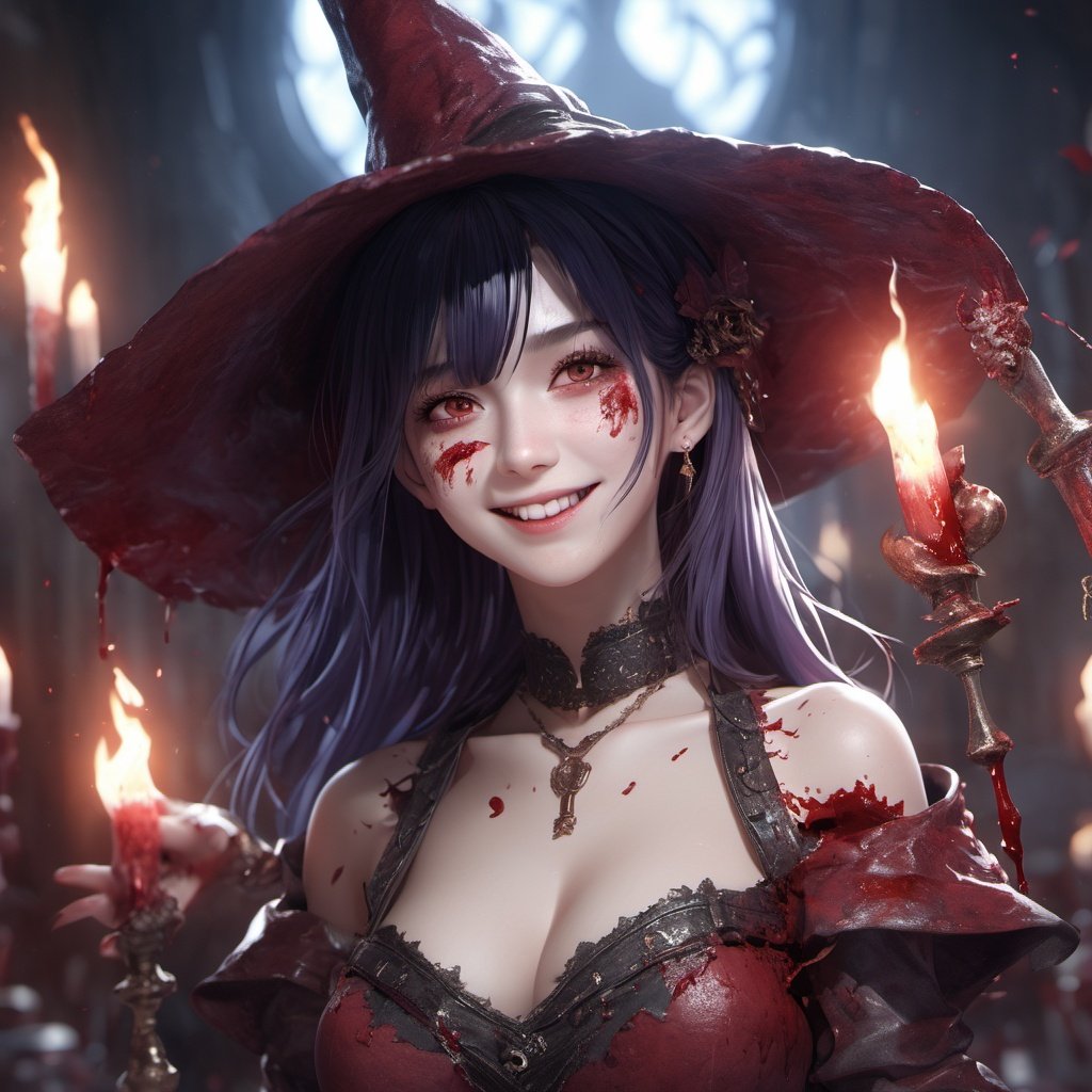 1girl,masterpiece,official art,unity 8k wallpaper,ultra detailed,beautiful and aesthetic,best quality,intricate details, realistic, idol, witch, fantasy world, blood, , (crazy expression: 1.2), blood on the face, blood on body, exciting, smiling:1.2