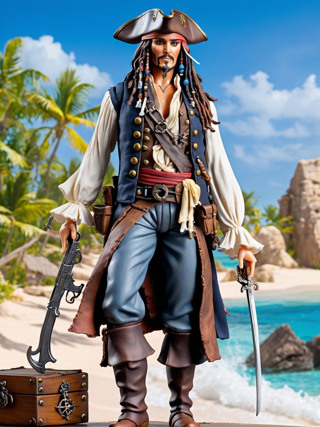 (premium playset toy box), (Intricate), (masterpiece, best quality, ultra detailed, absurdres), (action figure box), (inboxDollPlaySetQuiron style), the (Captain Jack Sparrow (Pirates of the Caribbean): Jack Sparrow's dreadlocked hair, tattered pirate attire, and charismatic swagger make him a fun and recognizable cosplay choice.:1.2), (toy playset pack),<lyco:sdxl1_quiron_inboxDollPlaySet_v3_lycoris:0.97>