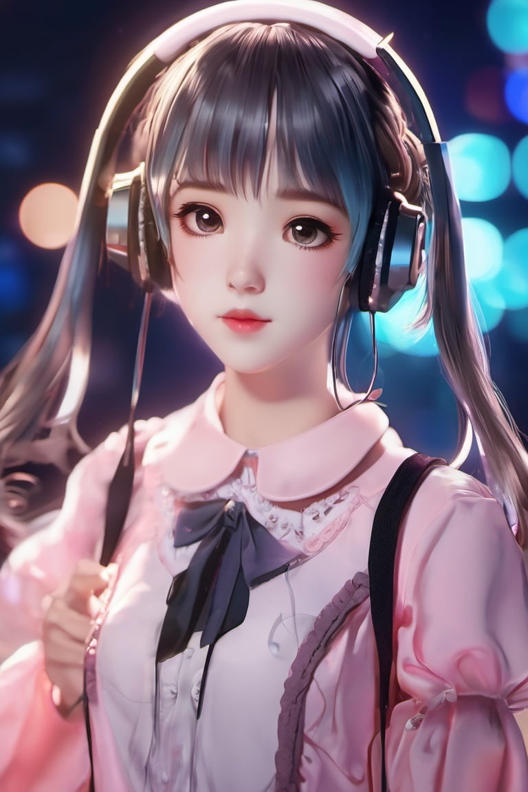 beautiful age 18 girl, (anime screencap), aqua hair, glowing eyes, 3d background, , shirt, hair bow, bangs, black eyes, hairclip, blush, , virtual youtuber,full body, beautiful, dslr, 8k, 4k, natural skin, textured skin, pixiv, depth of field, cinematic compotision, best lighting, , fashion,anime girl,headphone,colorful reflective fabric inner,transparent PVC jacket, , , , <lora:EMS-18719-EMS:1>