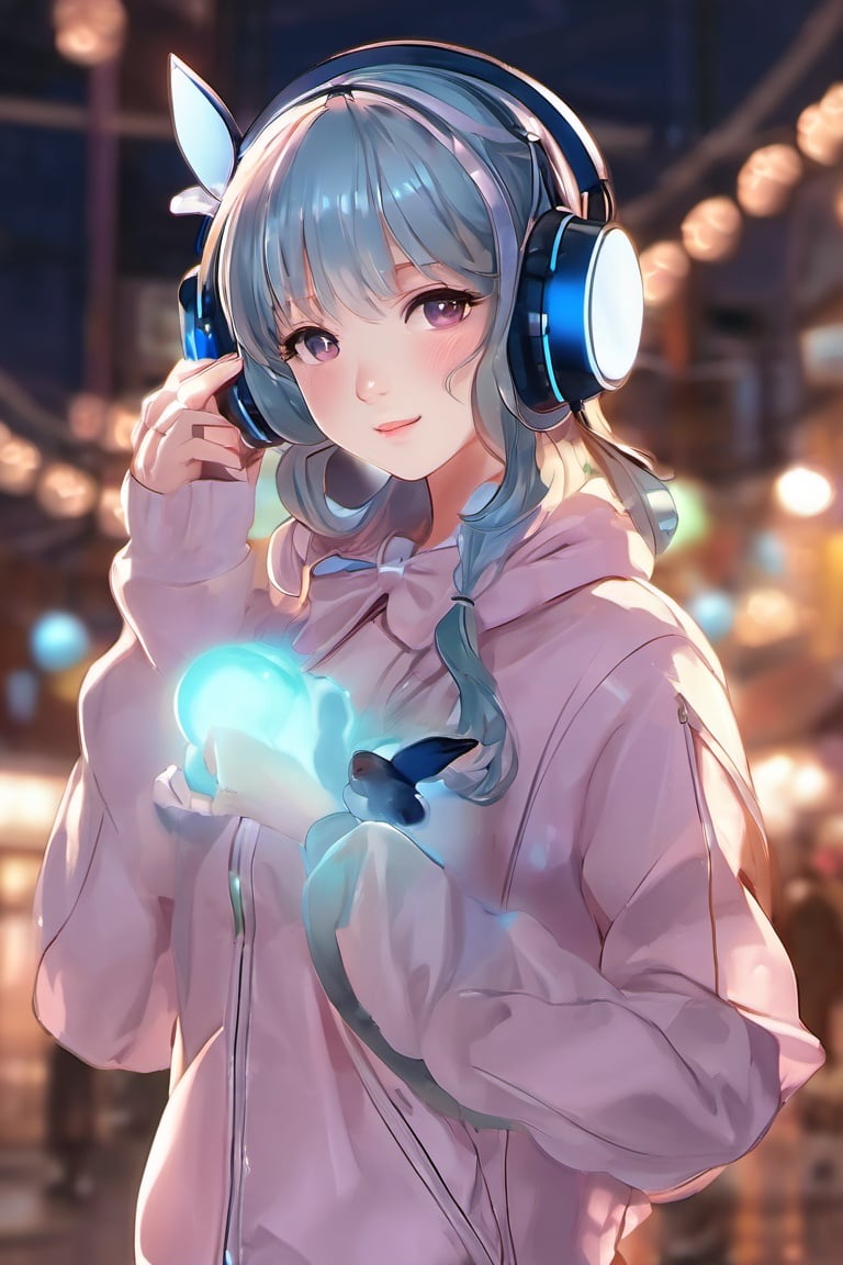 beautiful age 18 girl, (anime screencap), aqua hair, glowing eyes, 3d background, , shirt, hair bow, bangs, black eyes, hairclip, blush, , virtual youtuber,full body, beautiful, dslr, 8k, 4k, natural skin, textured skin, pixiv, depth of field, cinematic compotision, best lighting, , fashion,anime girl,headphone,colorful reflective fabric inner,transparent PVC jacket, , , <lora:EMS-18719-EMS:1>