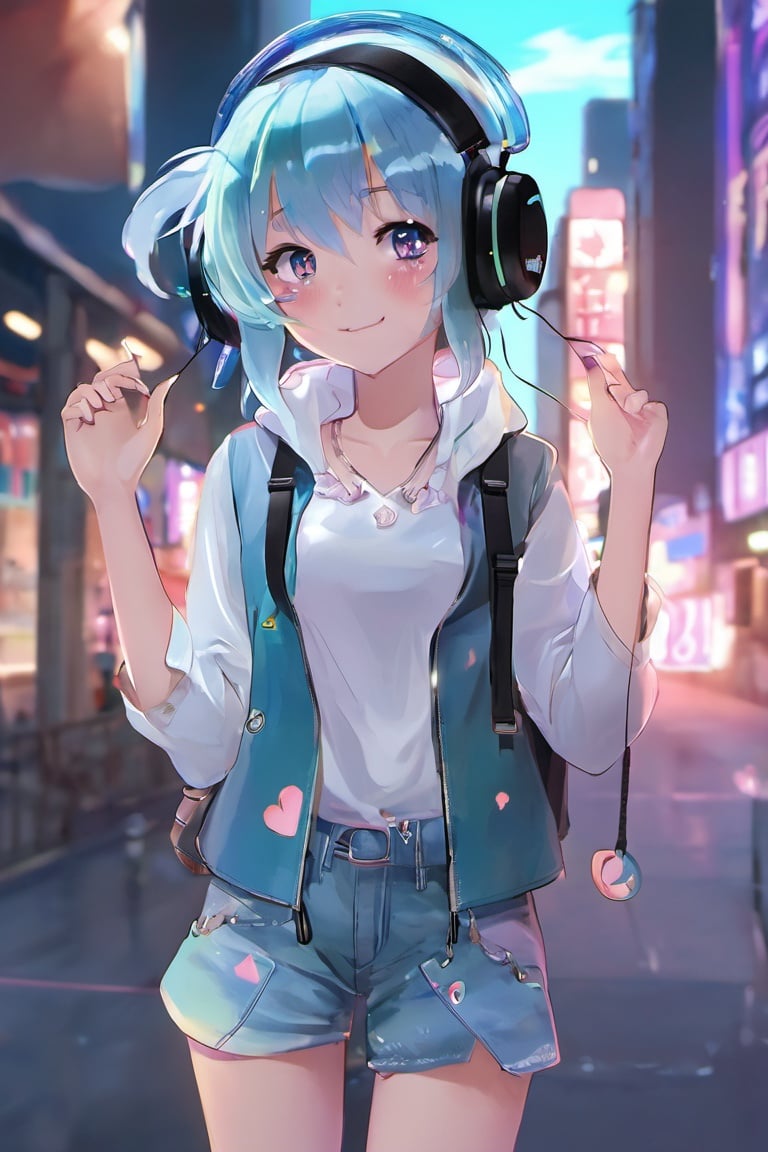 beautiful age 18 girl, (anime screencap), aqua hair, glowing eyes, 3d background, , shirt, hair bow, bangs, black eyes, hairclip, blush, , virtual youtuber,full body, beautiful, dslr, 8k, 4k, natural skin, textured skin, pixiv, depth of field, cinematic compotision, best lighting, , fashion,anime girl,headphone,colorful reflective fabric inner,transparent PVC jacket, <lora:EMS-18719-EMS:1>