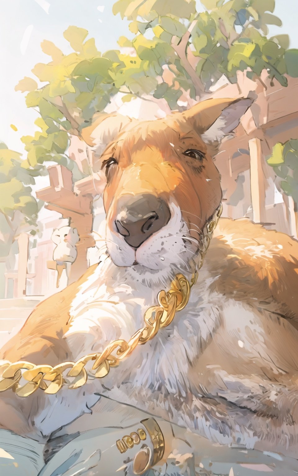 kangaroo, gold necklace, squinting, lovely, <lora:EMS-18769-EMS:0.600000>