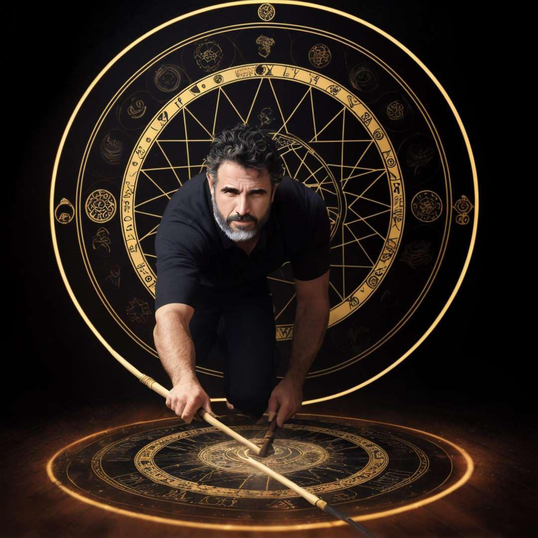 face focus,  wavy black hair, Eriberto Leao, realistic, beard, 8K, ultra quality image,  using a staff, magic circle on the ground, conjuring luminous spirits