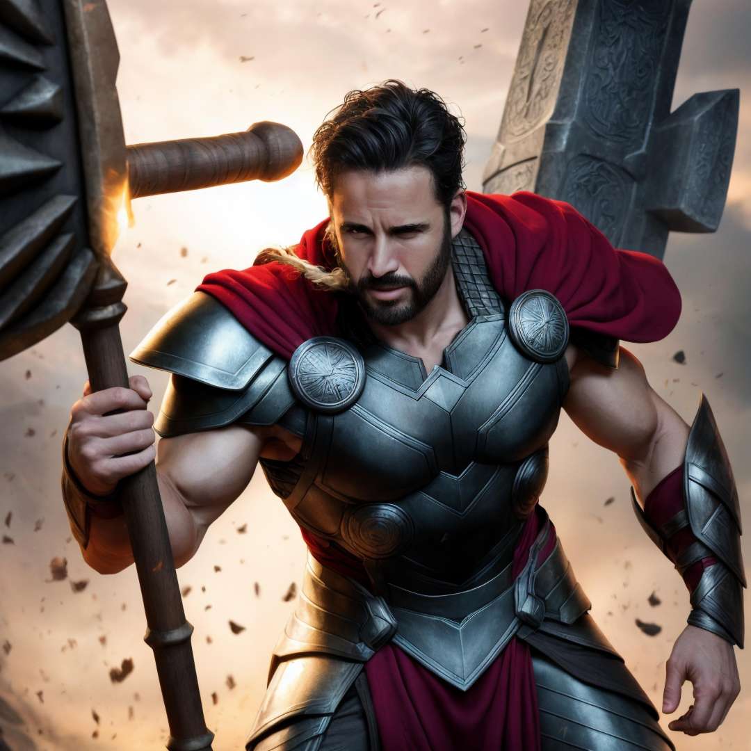 face focus,  wavy black hair, Eriberto Leao, realistic, beard, 8K, ultra quality image, photo, using armor, thor's hammer, raising the hammer, 