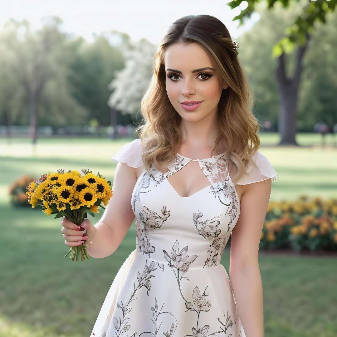 1girl, face focus, Sandy lima,  <lora:Sandy lima:1> beauty face, beauty body, realistic, photo, flower dress, flowers in the park, flower in hand