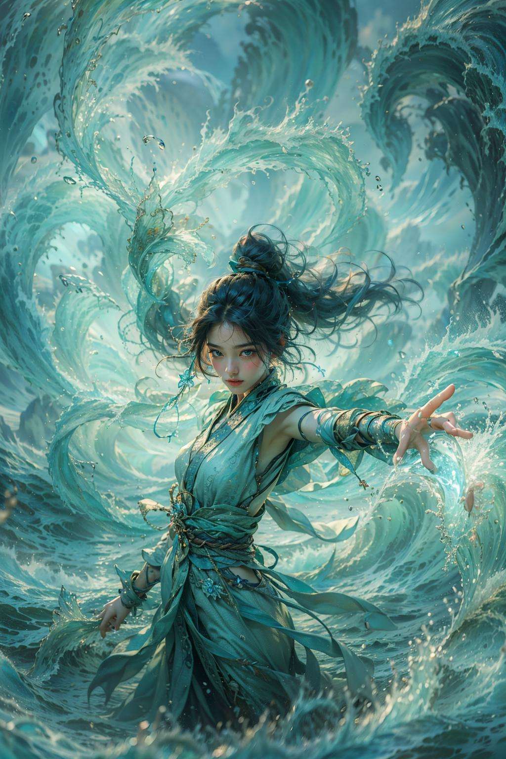 Best quality,masterpiece,ultra high res,1girl,beautiful_face,detailed skin, <lora:御水 V2:0.8>,yushui，water，waves，