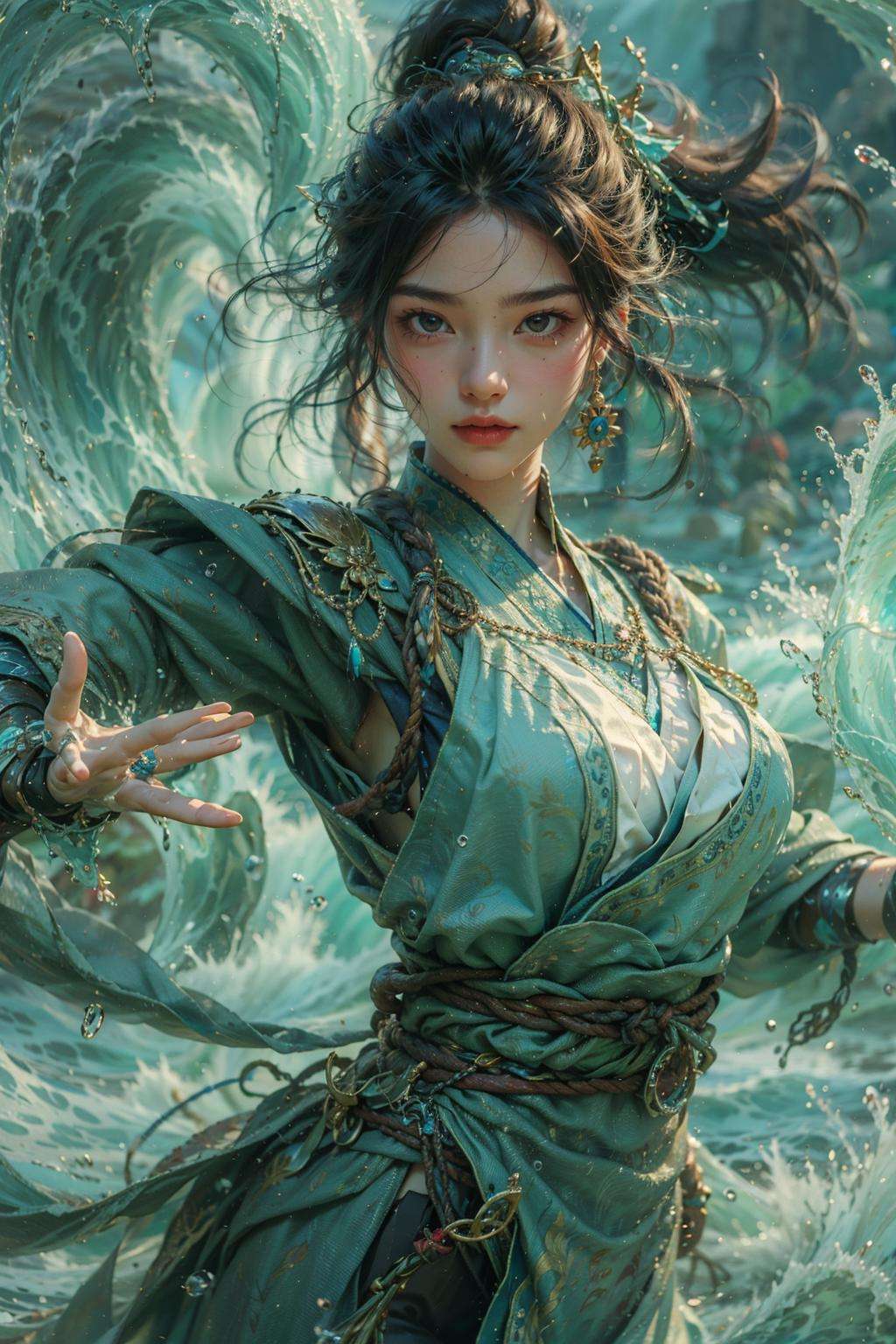 Best quality,masterpiece,ultra high res,1girl,beautiful_face,detailed skin, <lora:御水 V2:0.8>,yushui，water，waves，