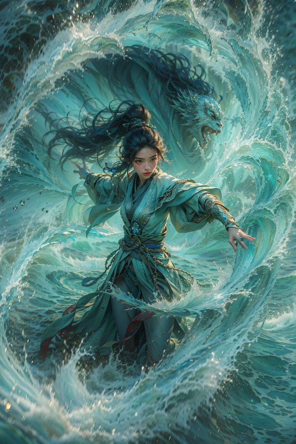 Best quality,masterpiece,ultra high res,1girl,beautiful_face,detailed skin, <lora:御水 V2:0.8>,yushui，water，waves，