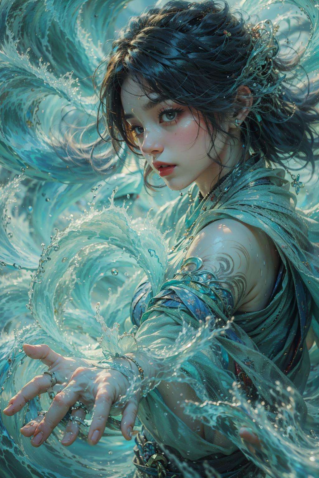 Best quality,masterpiece,ultra high res,1girl,beautiful_face,detailed skin, <lora:御水 V2:0.8>,yushui，water，waves，