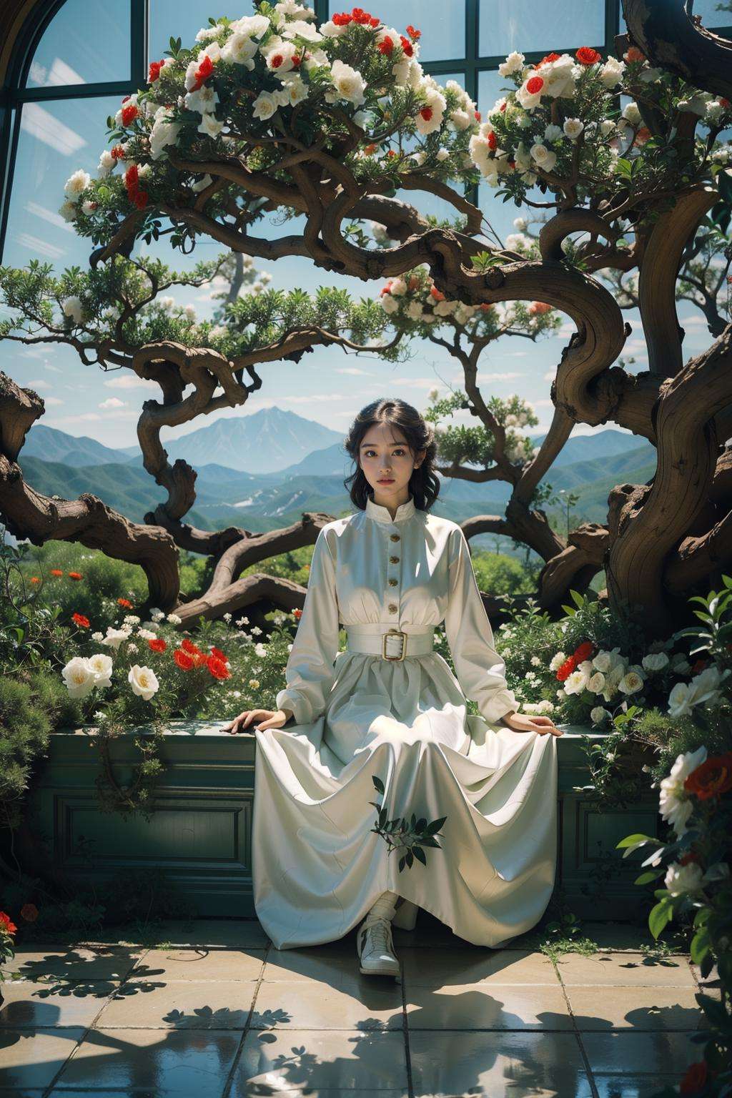 Best quality,masterpiece,ultra high res,(photorealistic:1.4),<lora:林-000008:0.8>,lin,1girl,(tree:1.2),solo,(nature:1.3),sky,dress,mountain,(plant:1.2),full body,sitting,(flowers:1.2),indoor,full of trees,