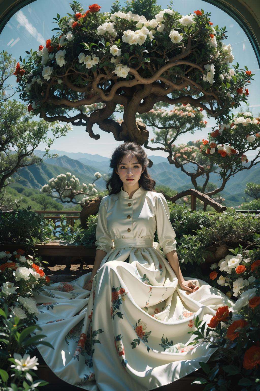 Best quality,masterpiece,ultra high res,(photorealistic:1.4),<lora:林-000008:0.8>,lin,1girl,(tree:1.2),solo,(nature:1.3),sky,dress,mountain,(plant:1.2),full body,sitting,(flowers:1.2),indoor,full of trees,