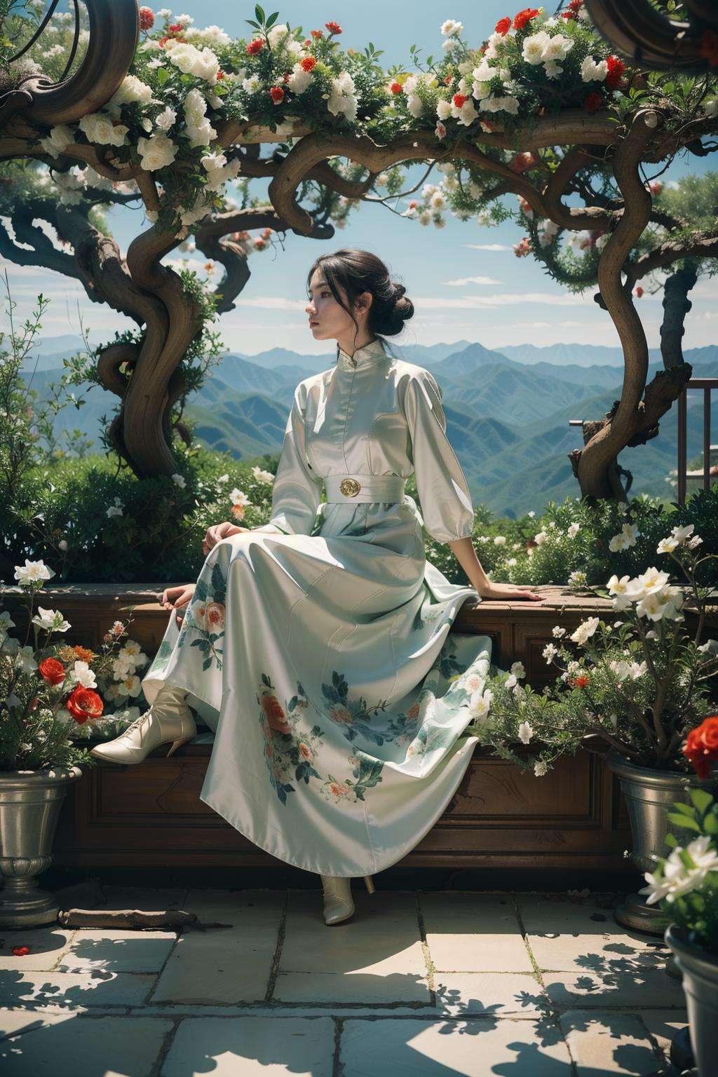 Best quality,masterpiece,ultra high res,(photorealistic:1.4),<lora:林-000008:0.8>,lin,1girl,(tree:1.2),solo,(nature:1.3),sky,dress,mountain,(plant:1.2),full body,sitting,(flowers:1.2),full of trees,(indoor:1.3),