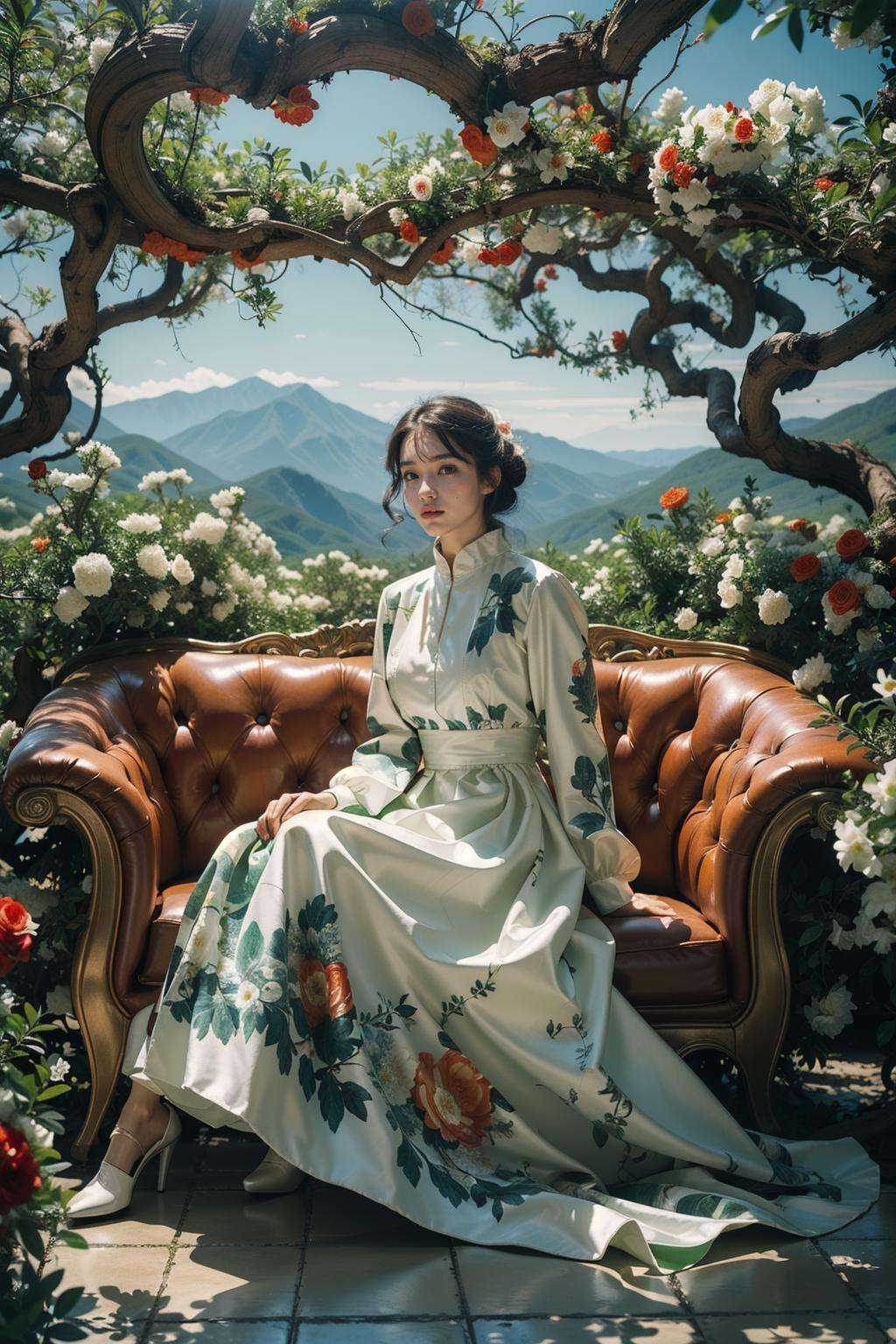 Best quality,masterpiece,ultra high res,(photorealistic:1.4),<lora:林-000008:0.8>,lin,1girl,(tree:1.2),solo,(nature:1.3),sky,dress,mountain,(plant:1.2),full body,sitting,(flowers:1.2),indoor,full of trees,