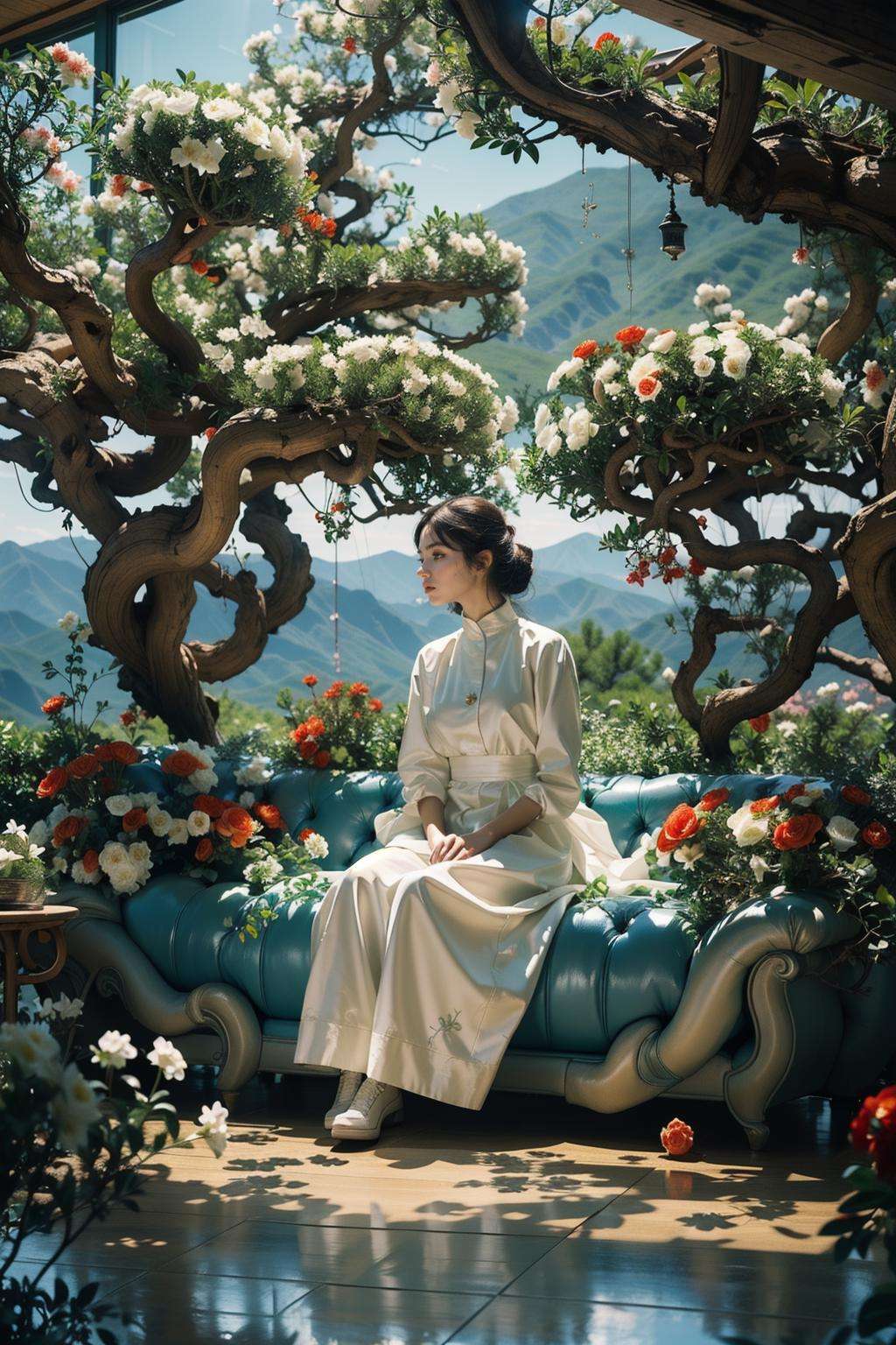 Best quality,masterpiece,ultra high res,(photorealistic:1.4),<lora:林-000008:0.8>,lin,1girl,(tree:1.2),solo,(nature:1.3),sky,dress,mountain,(plant:1.2),full body,sitting,(flowers:1.2),full of trees,(indoor:1.3),