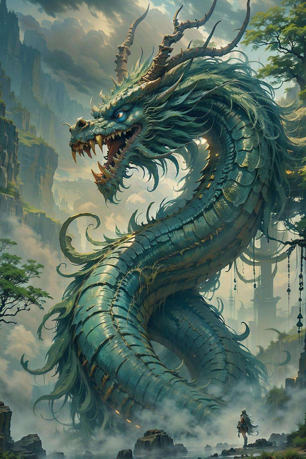 Best quality,masterpiece,ultra high res,nu no humans, (long:1.2),<lora:long-000020:0.8>, tree, teeth, sharp teeth, blue eyes, cloud, outdoors, 1other, fantasy, horns, sky, fog, open mouth, monster, scenery