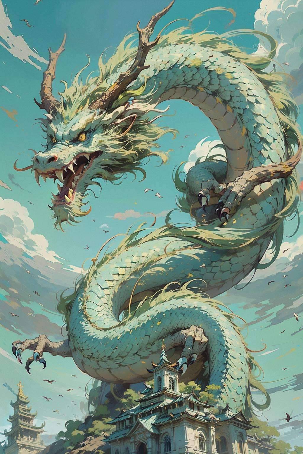 Best quality,masterpiece,ultra high res,nu no humans, (long:1.2),<lora:long-000020:0.8>,  sky, yellow eyes, cloud, scales, eastern dragon, open mouth, sharp teeth, flying, horns, teeth, day, claws, fangs, blue sky