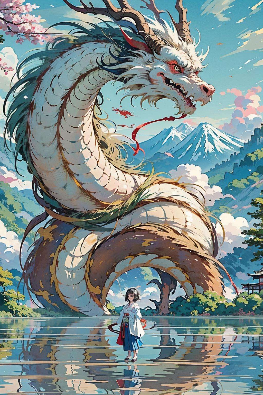 Best quality,masterpiece,ultra high res,nu no humans, (long:1.2),<lora:long-000020:0.8>,  1girl, black hair, letterboxed, cloud, reflection, sky, horns, japanese clothes, water, outdoors, standing, short hair, solo, red eyes, scenery