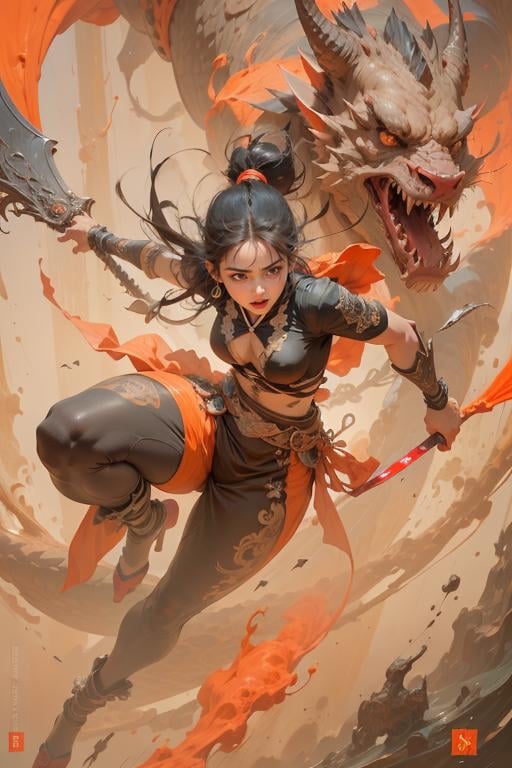 Best quality,masterpiece,ultra high res,1girl,beautiful_face,detailed skin,<lora:gu:0.6:CLOTHING>,gu,dragon,full body,,weapon,black hair,holding weapon,blood,arm guards,male focus,looking at viewer,black eyes,tabi,floating hairfull body,orange,,,<lora:wuxia:0.8>,,upper body,on side,