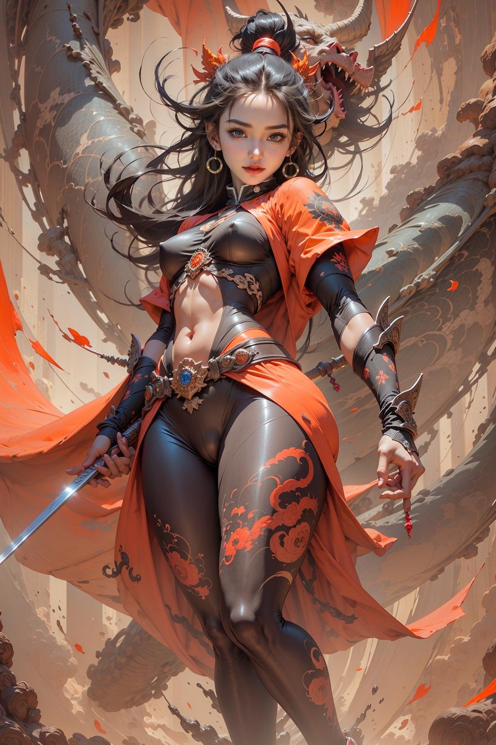 Best quality,masterpiece,ultra high res,1girl,beautiful_face,detailed skin,,gu,dragon,full body,,weapon,black hair,holding weapon,blood,arm guards,male focus,looking at viewer,black eyes,tabi,floating hairfull body,orange,,leaning forward,  <lora:wuxia2:0.8>