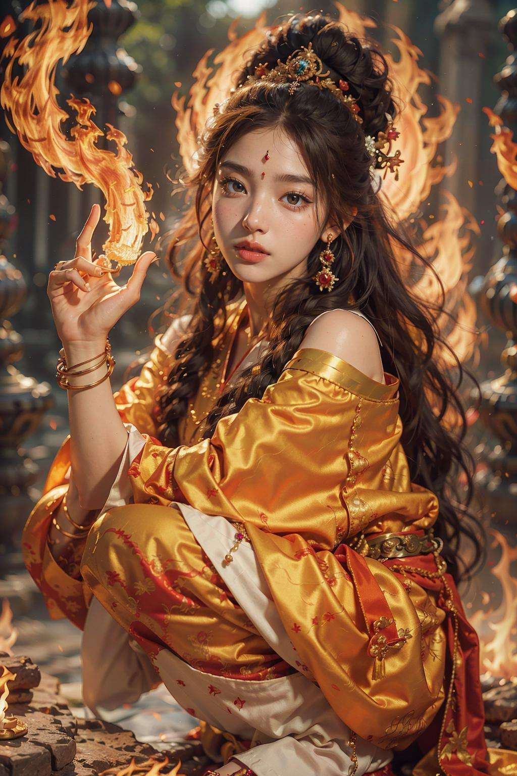 Best quality,masterpiece,ultra high res,1girl,beautiful_face,detailed skin,yuhuoshu,jewelry,solo,earrings,(fire:1.3),blurry,realistic,lips,squatting,chinese zen,<lora:御火-000006:0.8>,(Giant Flame Circle:1.2),(Full of flame energy:1.2),full body, 