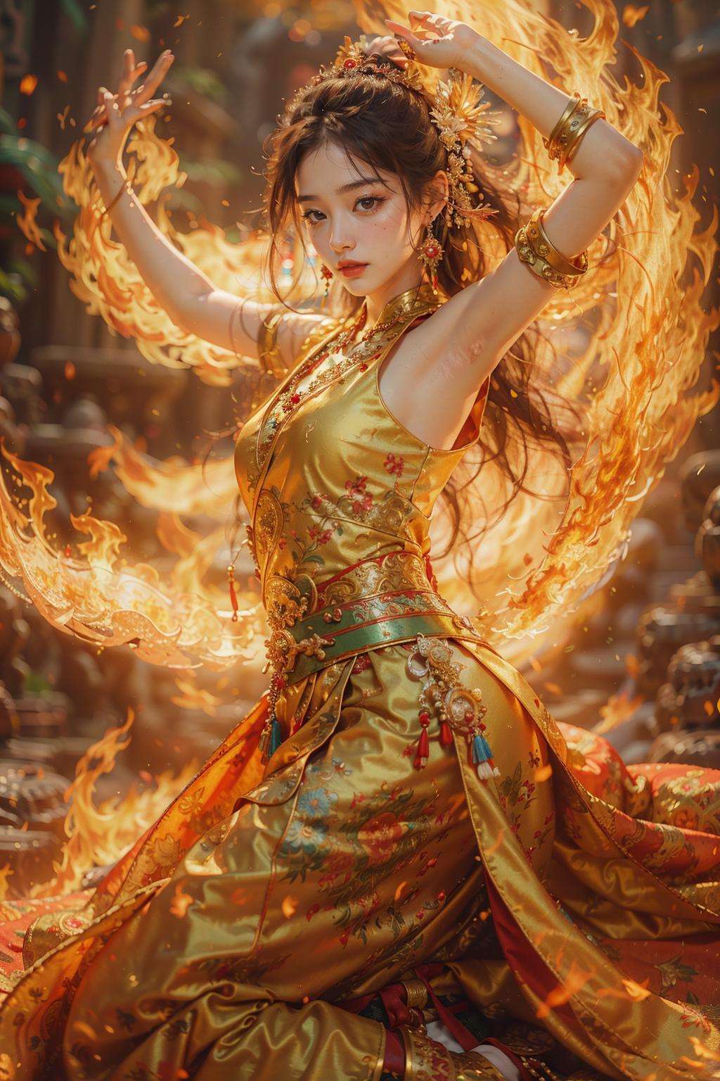 Best quality,masterpiece,ultra high res,1girl,beautiful_face,detailed skin,yuhuoshu,jewelry,solo,earrings,(fire:1.3),blurry,realistic,lips,bent over,chinese zen,<lora:御火-000006:0.8>,(Giant Flame Circle:1.2),(Full of flame energy:1.2),